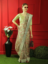 Substantial Floral print pure organza lime green saree